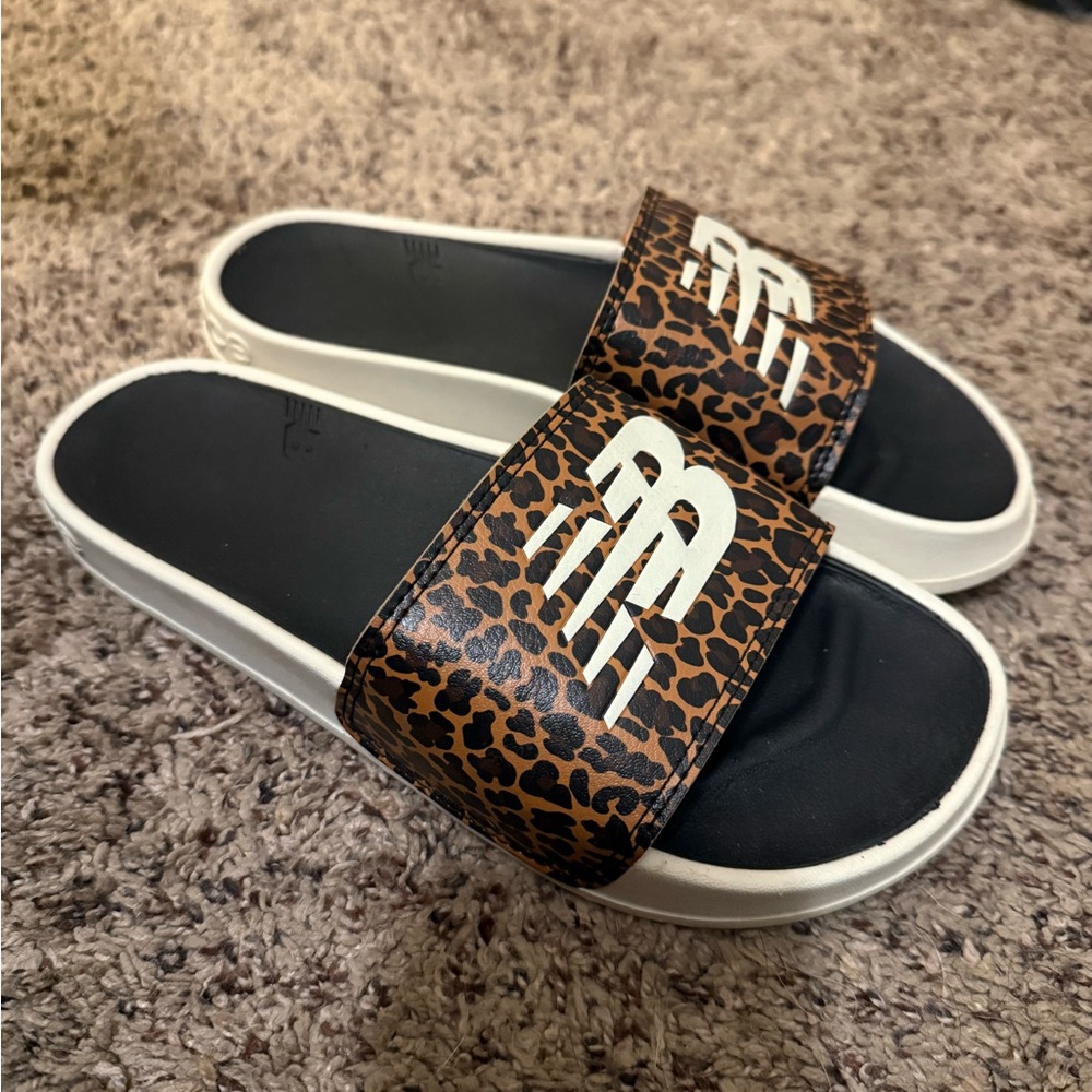 New Balance Leopard Print Slide Sandals - Black and Brown